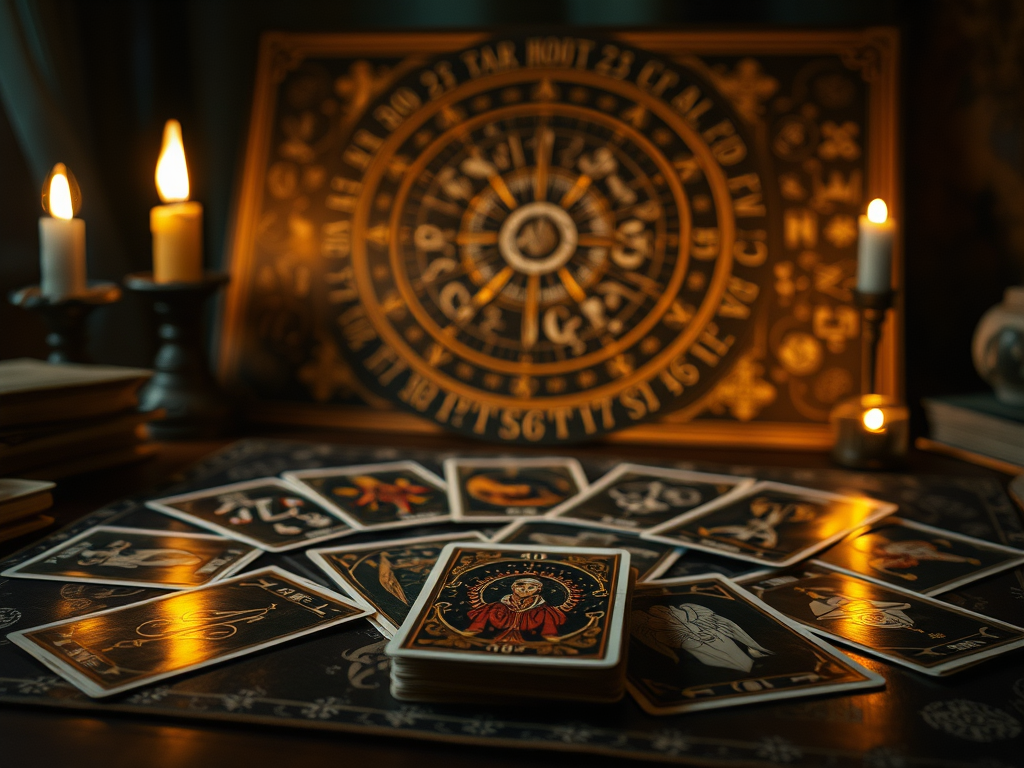 Tarot card spread with astrological symbols for spiritual guidance.