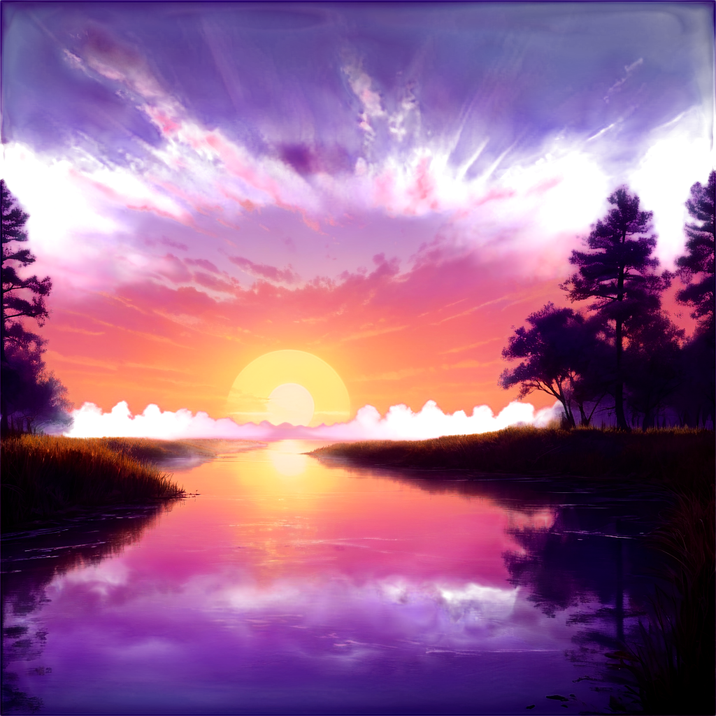 A vivid and colorful sunset reflecting over a tranquil river, framed by silhouettes of trees and a dramatic sky