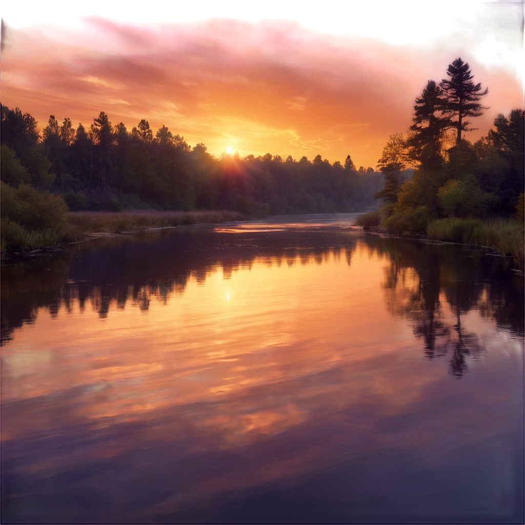 A serene, picturesque landscape of a sunset over a calm river, surrounded by tall trees and a vibrant, colorful sky