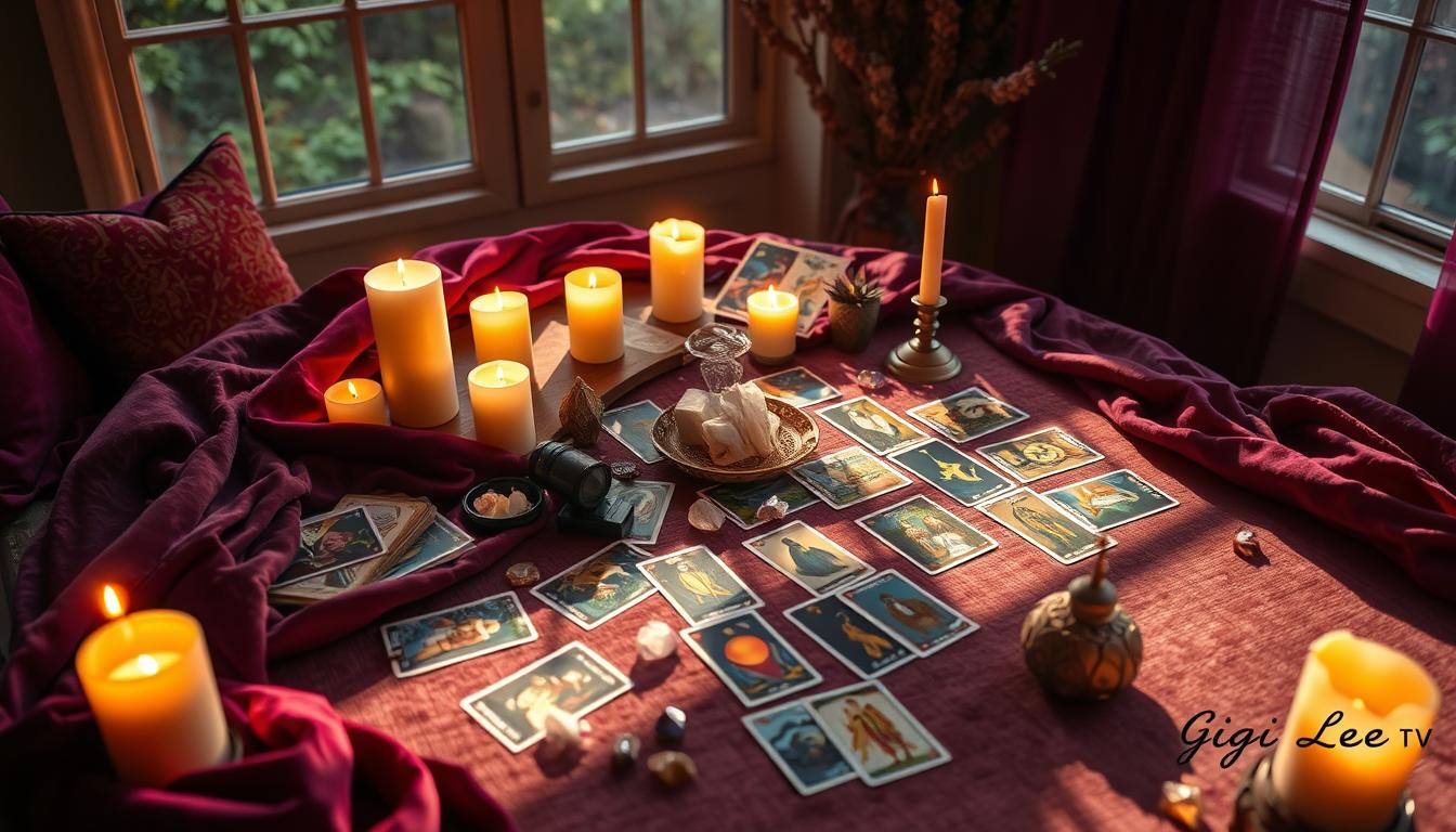 A tarot reading setup with cards, candles, and an inviting atmosphere for spiritual insights.