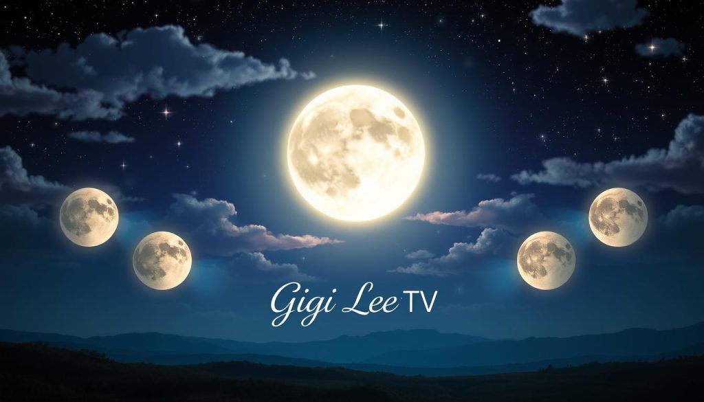 A full moon shining brightly in the night sky with 'Gigi Lee TV' text overlay.