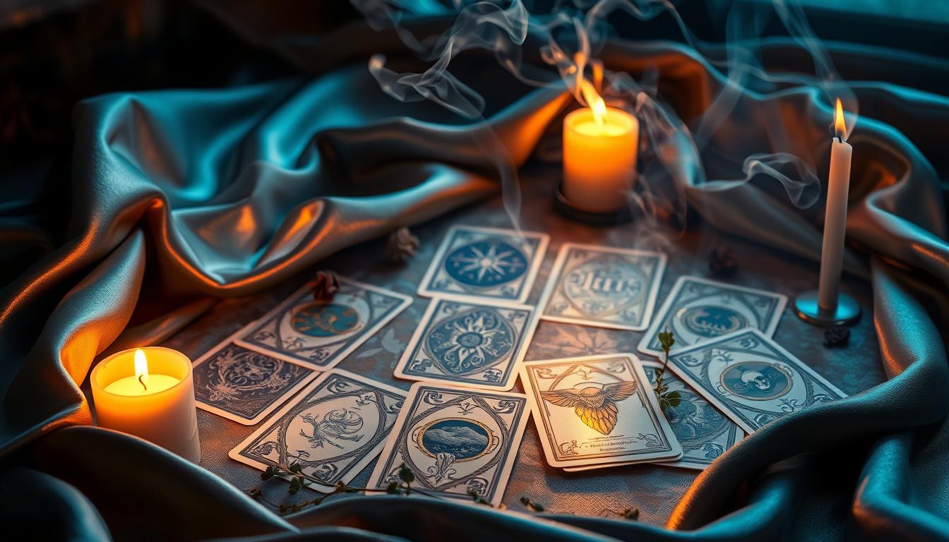 Tarot cards laid out on a mystical table surrounded by glowing candles, creating an inviting spiritual atmosphere