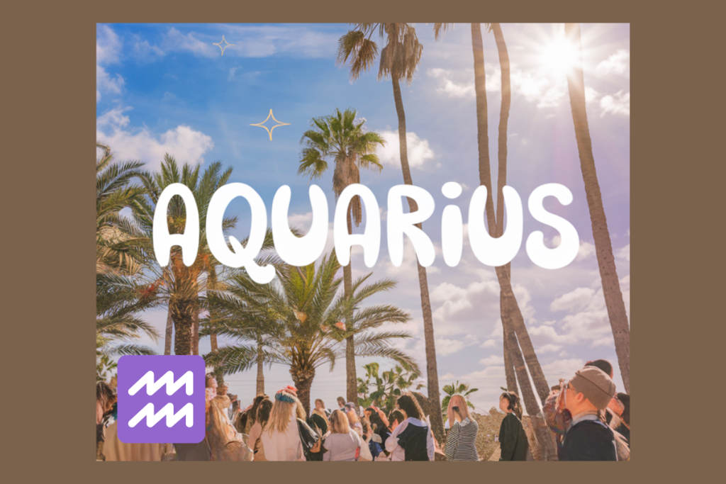 Aquarius-themed digital art with palm trees, sun flare, and a group of people gathered outdoors under a bright sky.