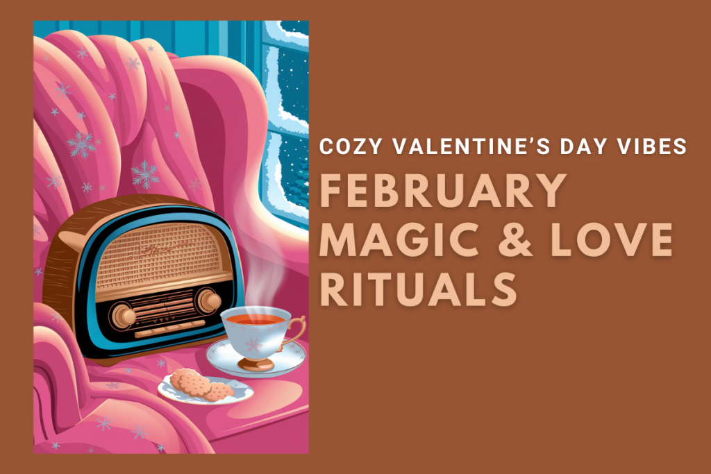 Cozy Valentine's vibes graphic: pink chair, retro radio, tea & candles for February love rituals under Saturn enters Aries 2026, debilitated Saturn Aries, Valentine's Day astrology 2026 & Neptune Aries ingress.
