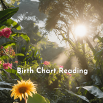 Birth Chart Reading graphic by Gigi Lee featuring nature-inspired visuals, sunlight filtering through lush greenery, flowers, and celestial elements.