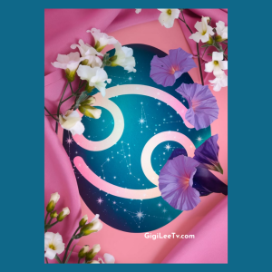 Cancer zodiac tarot reading with a celestial moon and ocean-inspired design, surrounded by pink flowers and a mystical blue background.