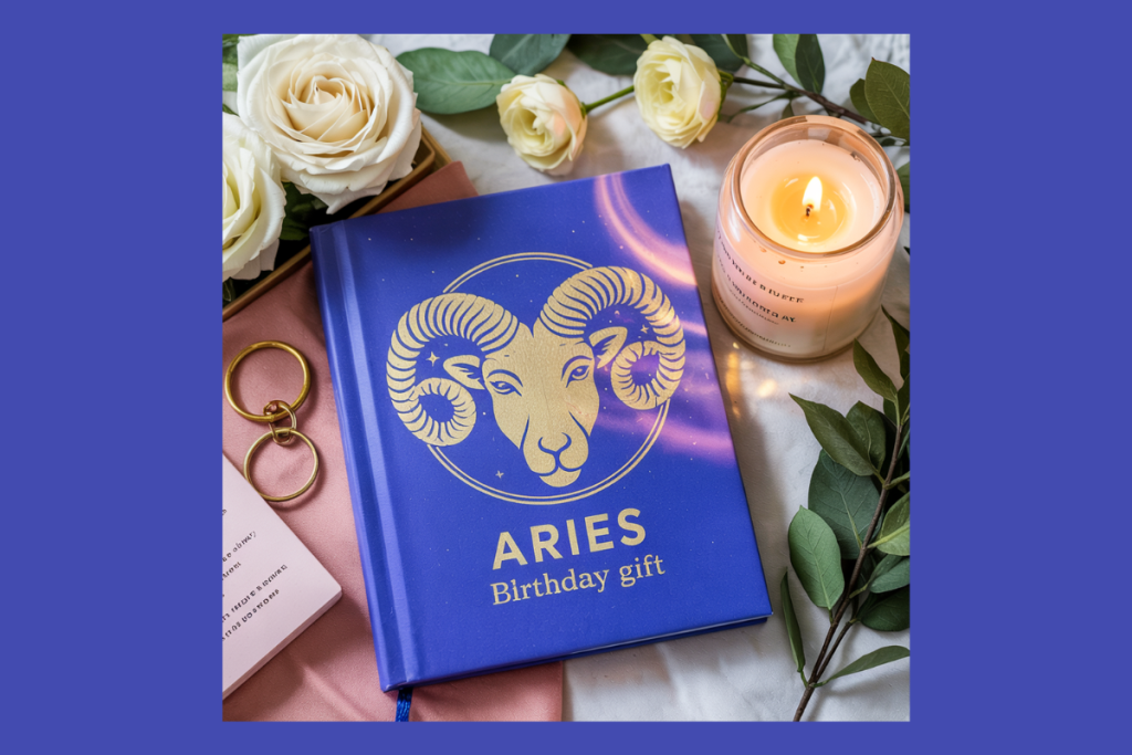Flat lay of an Aries zodiac-themed journal surrounded by roses, crystals, and candles, styled for Aries season rituals and cosmic intention-setting.