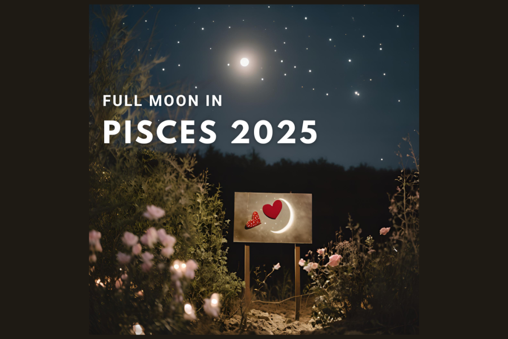 Mystical scene with candles and moonflowers under a starry night sky, symbolizing the Full Moon in Pisces 2025.