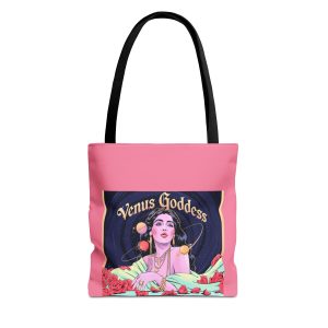 Pink and black Venus Luxe Weekender tote bag featuring an illustrated goddess with stars and moon motifs, embodying divine feminine energy.