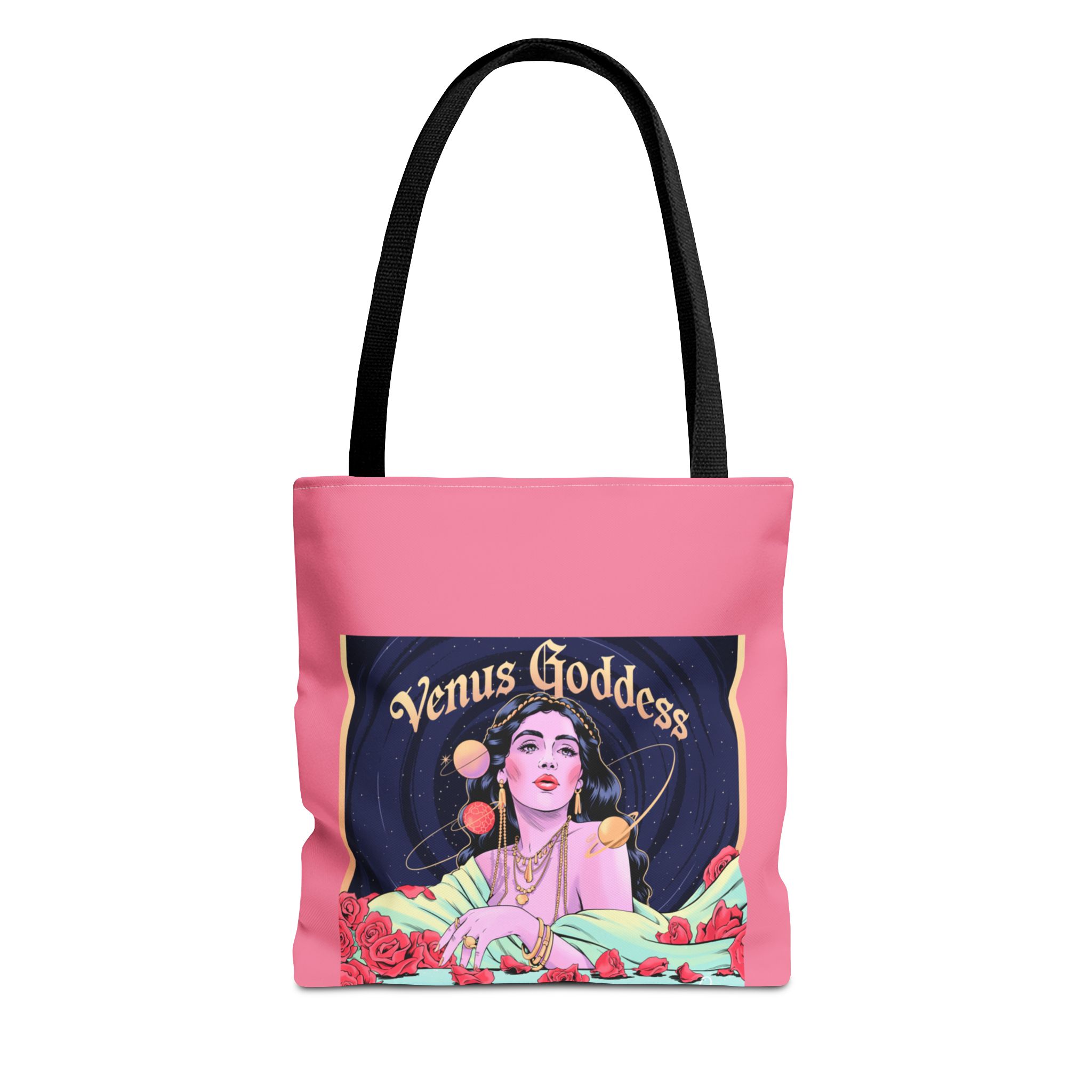 Venus Luxe Weekender – Bold Art for Big Energy Days 1 Pink and black Venus Luxe Weekender tote bag featuring an illustrated goddess with stars and moon motifs, embodying divine feminine energy.