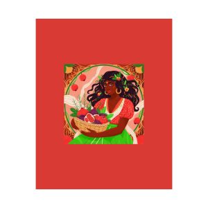 Afrocentric art print of a dark-skinned goddess in a green and red dress holding a basket of tropical fruits, surrounded by pomegranates and floral designs on a bold red background.