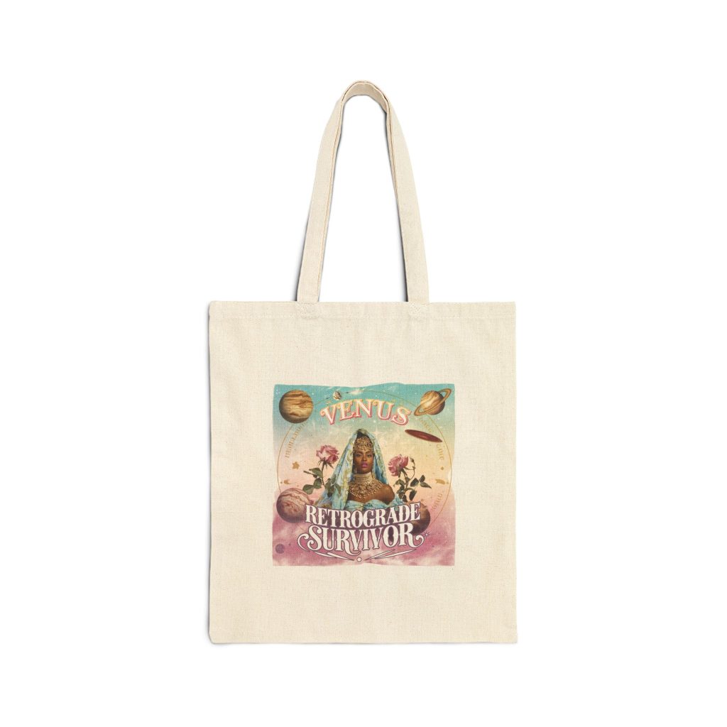Astrology-themed canvas tote bag with pastel zodiac art print on cream fabric, flat lay on white background.