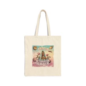 Canvas tote bag with a colorful design reading "Venus Retrograde Survivor," featuring celestial imagery and a woman in heels surrounded by planets and flowers.
