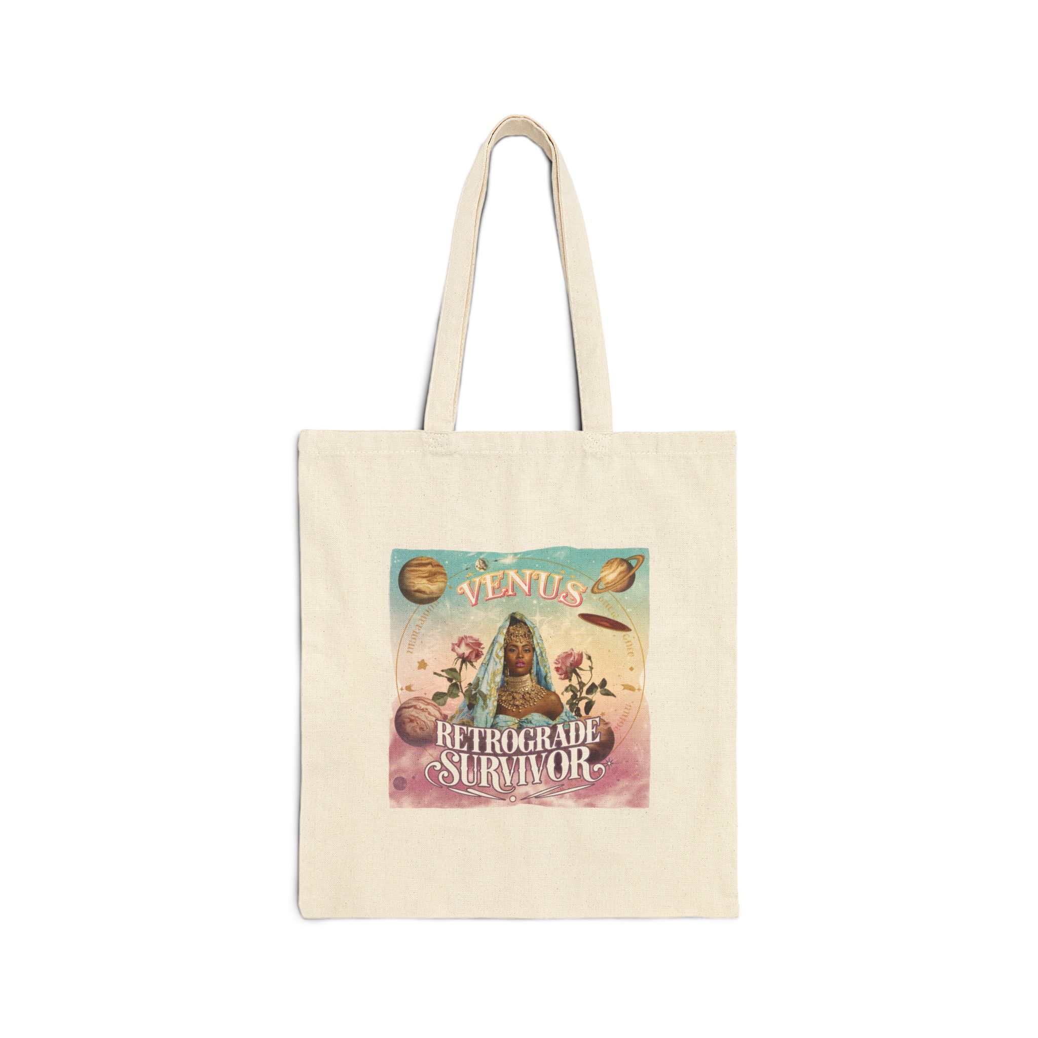 Goddess Mode - Activated Tote For the Venus in heels and retrograde resilience. 1 Canvas tote bag with a colorful design reading "Venus Retrograde Survivor," featuring celestial imagery and a woman in heels surrounded by planets and flowers.