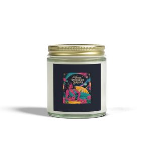 Venus Retrograde Survivor candle in a clear glass jar with gold lid and vibrant mystical label art.