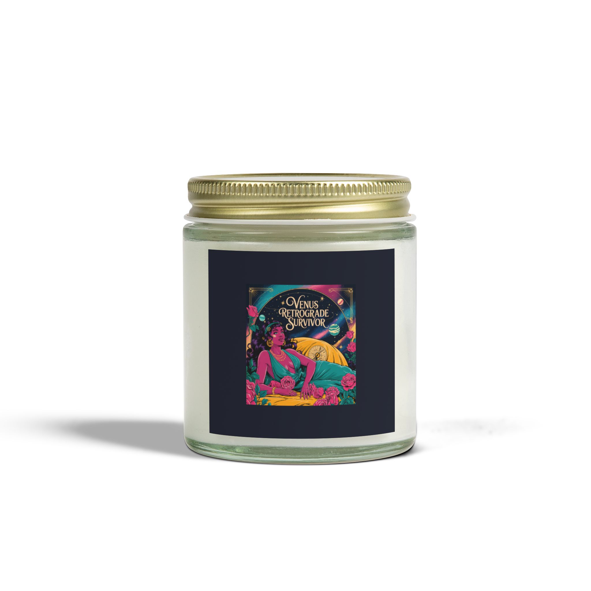 Venus Retrograde Survivor 1 Venus Retrograde Survivor candle in a clear glass jar with gold lid and vibrant mystical label art.