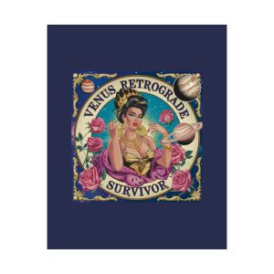 Illustrated wall art titled “Venus Retrograde Survivor” featuring a goddess figure surrounded by roses and cosmic symbols on a dark navy background.