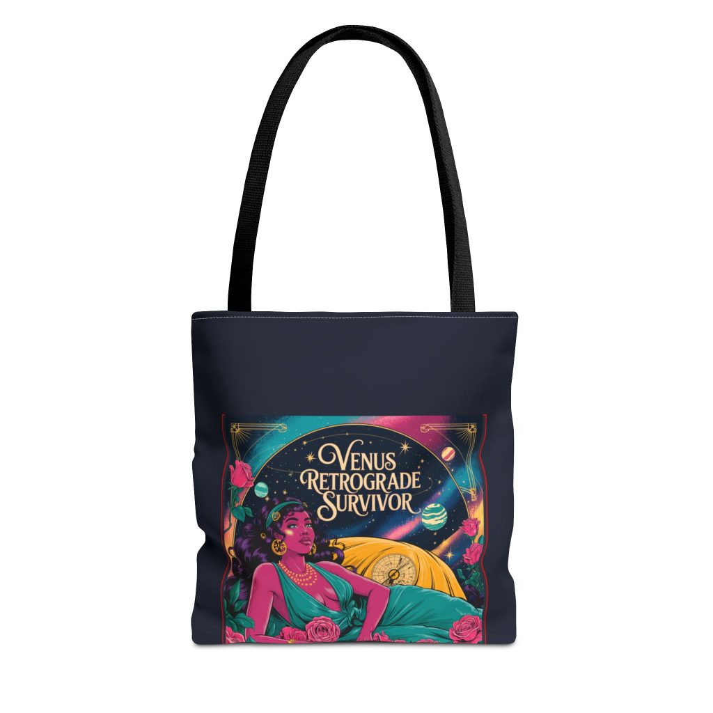 Venus Moves Forward in Pisces - Truth, Illusion & the Divine Feminine Rebirth 5 Black tote bag with bold artwork of a celestial goddess rising in a starry sky, symbolizing empowerment and transformation.