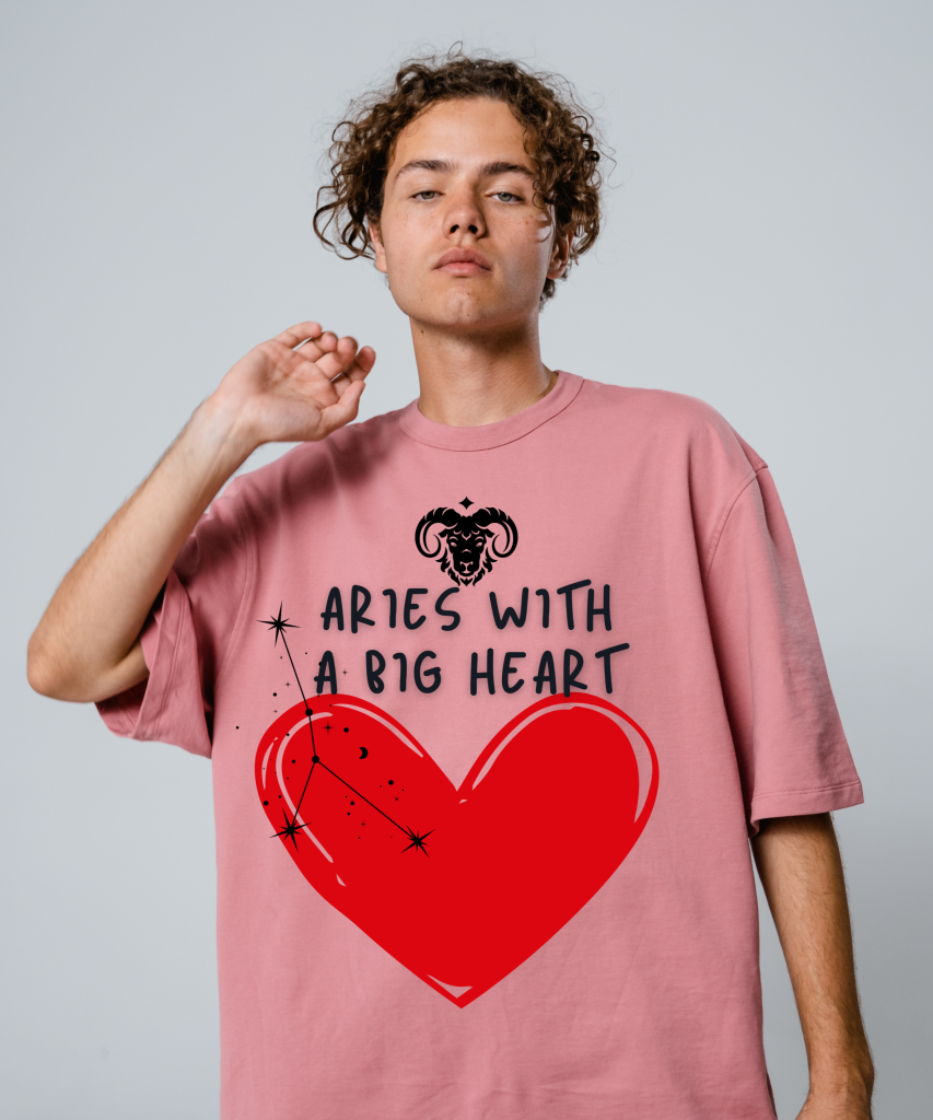 Model wearing Aries with a Big Heart tee exalted Sun in 7th house partnership glow for weekly horoscope March 29-April 5 2026 Libra Full Moon