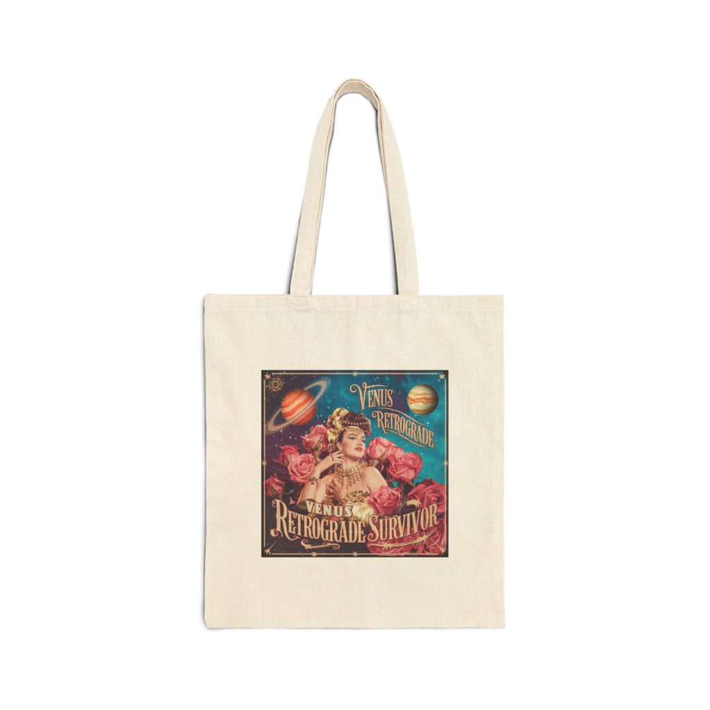 Better Than Before - Jupiter and Venus Want More for You 2 Canvas tote bag featuring vintage-style artwork inspired by the Venus Jupiter conjunction, with a glamorous woman, planets, roses, and retro astrology design.