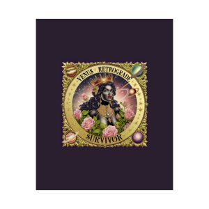 Venus Vibes Only” art print featuring a dark-skinned goddess adorned in gold jewelry, surrounded by roses, planets, and a cosmic border on a deep purple background