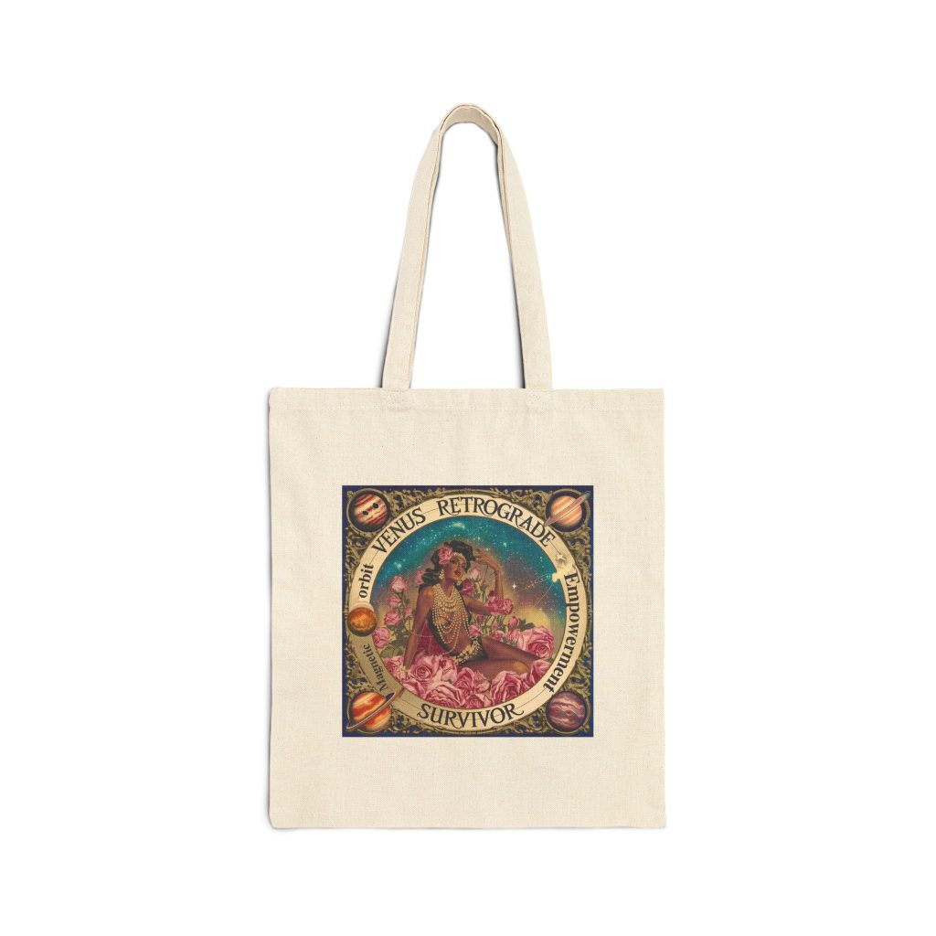 Venus Retrograde Survivor tote bag featuring vintage zodiac artwork and floral accents — a cosmic accessory celebrating empowerment, astrology, and Venus Uranus Gemini energy.