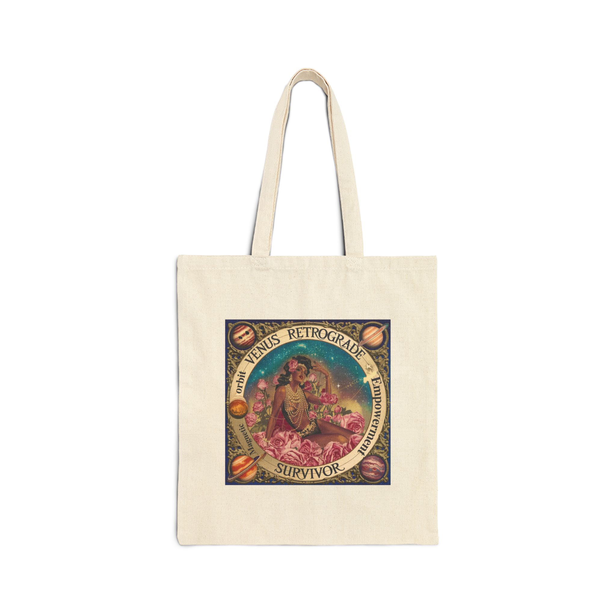 “She Blooms Anyway” No matter the retrograde, the rebirth is hers. 1 Natural cotton tote bag featuring vintage-inspired zodiac art with floral accents, perfect for astrology lovers and cosmic gifting in 2025.