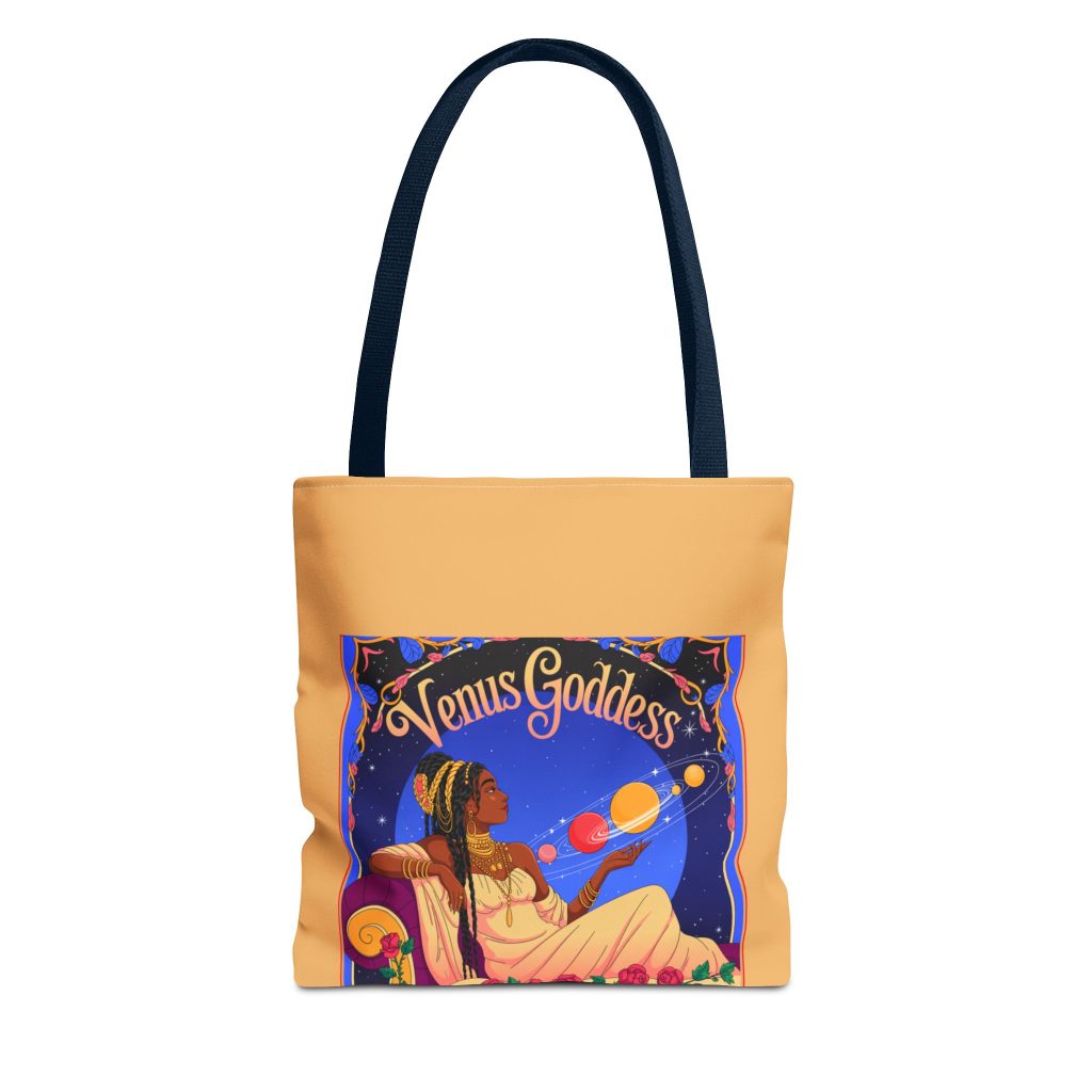 Golden tote bag with white straps featuring vibrant Afro goddess artwork and “Astro Muse” text in a celestial, empowering design.