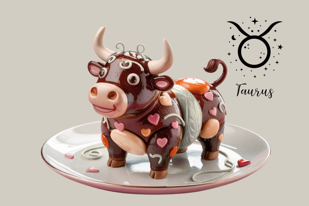 Playful and vibrant 3D-style illustration of a Taurus zodiac cow adorned with flowers and gold jewelry, standing confidently on a decorated plate with the text “Rooted, Radiant, and Ready to Reign.”