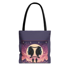 Purple tote bag with an astrology-inspired design featuring twins in a cosmic setting, displayed on a clean white background.