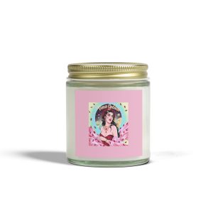 A pink-labeled candle jar with a gold lid, featuring artwork of a goddess surrounded by blooming flowers. Product titled “Venus in Bloom Candle.”