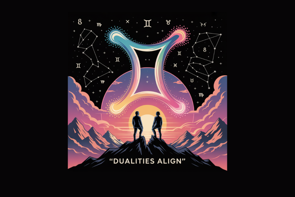 Surreal Gemini-themed wall art featuring twin silhouettes beneath a glowing cosmic sky with mountains and zodiac constellation.