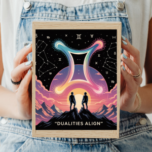 Hands holding a Gemini-themed digital artwork with twin silhouettes beneath a cosmic pink and black sky