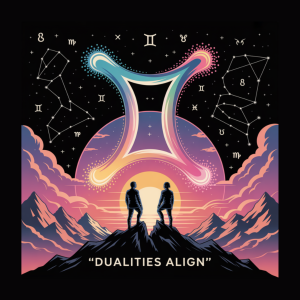 Surreal Gemini-themed wall art featuring twin silhouettes beneath a glowing cosmic sky with mountains and zodiac constellation.