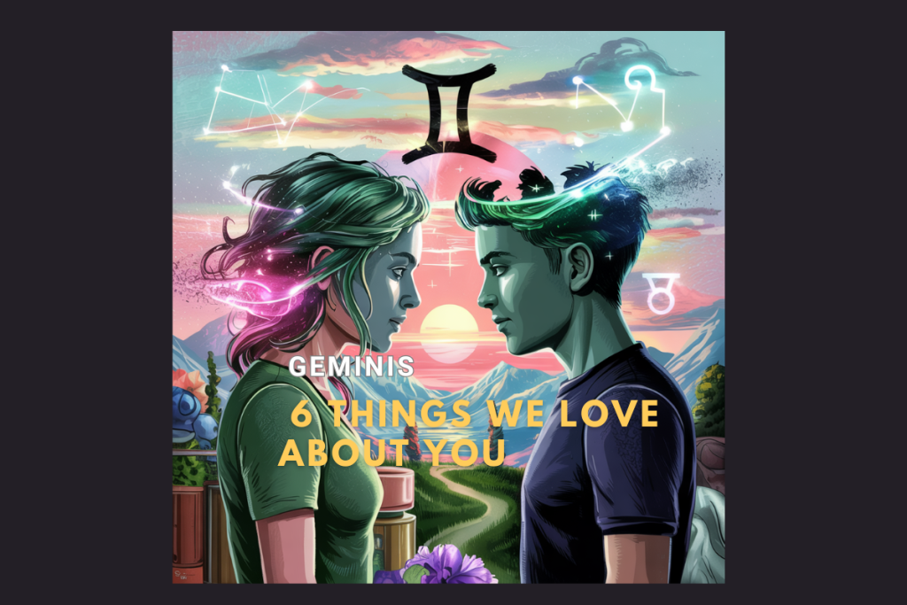 Artistic digital image featuring two mirrored figures under the Gemini zodiac symbol with cosmic and floral elements, representing duality, love, and astrological connection.