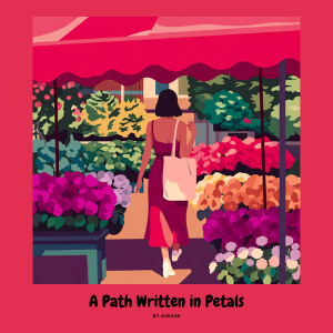 Graceful woman in a flowing magenta dress walking through a vibrant flower market under a red canopy, surrounded by blooming pink and orange flowers.