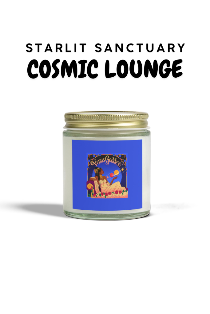 Cosmic Lounge candle in a purple glass jar featuring a celestial and astrological label design.