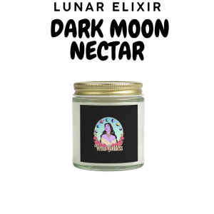 Dark Moon Nectar candle in a dark jar with a mystical, celestial-inspired label