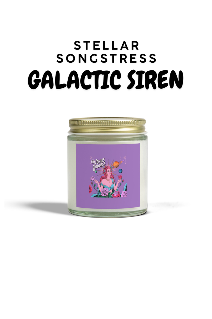A celestial-themed purple candle labeled "Galactic Siren" with pink and orange cosmic artwork, evoking mystical and divine feminine energy.
