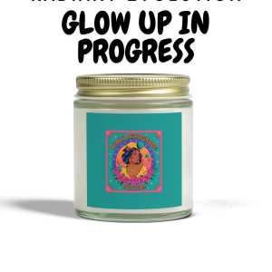 Glow Up in Progress candle with celestial label in green background.
