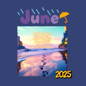 Cover image for June 2025 Collective Tarot Reading with colorful sunset, water reflection, and spiritual handwritten text