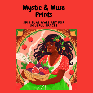 Mystic & Muse spiritual wall art for soulful spaces: Vibrant illustration of Black woman in green dress holding fruit basket amid florals, overlaid with "Weekly Horoscope Feb 14-20" and "Lions roar for the Fire Horse" text.
