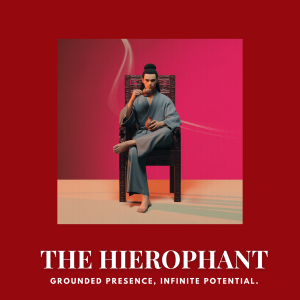 Masculine-inspired Hierophant digital wall art in red tones, featuring a man seated on a throne with the caption “Grounded Presence, Infinite Potential.”