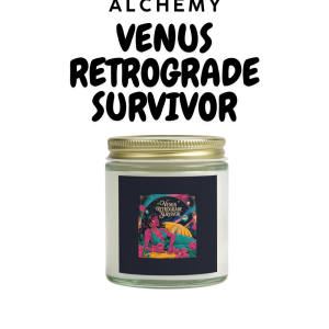 Venus Retrograde Survivor candle with celestial-themed label.