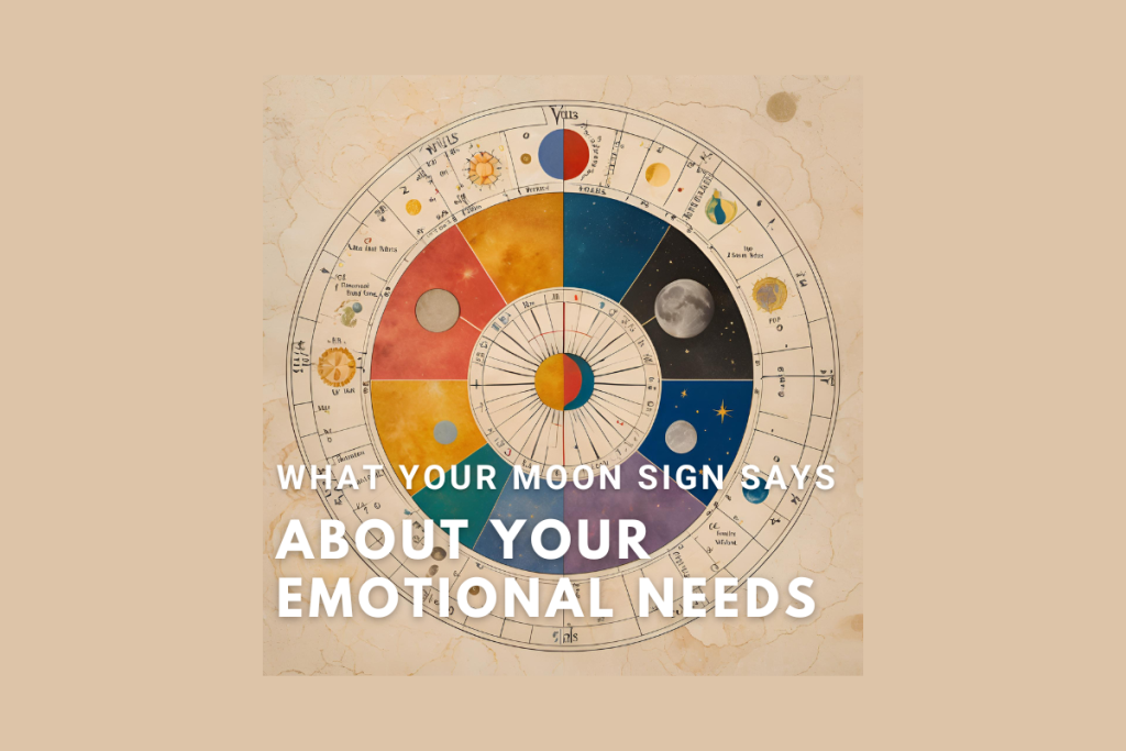 What Your Moon Sign Says About Your Emotional Needs 1 Astrology chart wheel featuring the moon phases and zodiac signs, symbolizing emotional insight based on your moon sign.