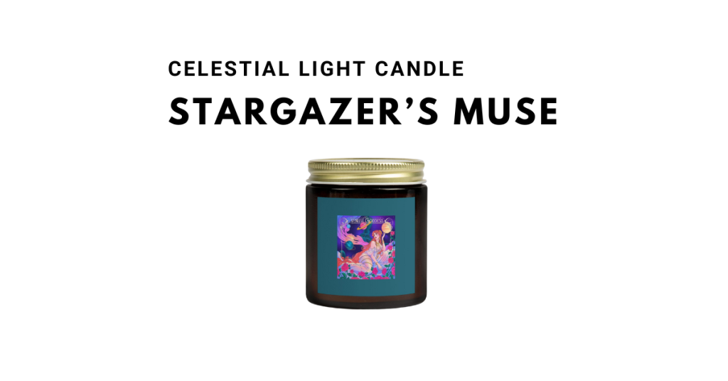 Stargazer’s Muse candle in cosmic jar with starry design.