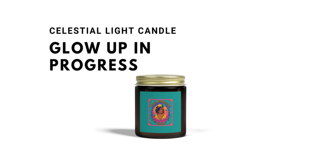 Glow Up in Progress candle with celestial label in green background.