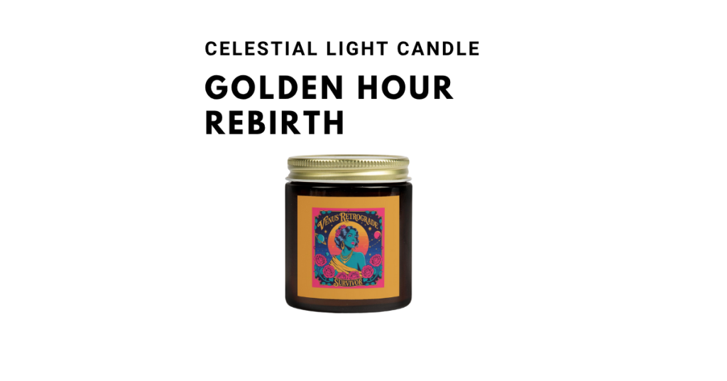 A golden-yellow candle labeled "Golden Hour Rebirth" featuring vibrant orange and pink cosmic art, symbolizing renewal, light, and solar empowerment.