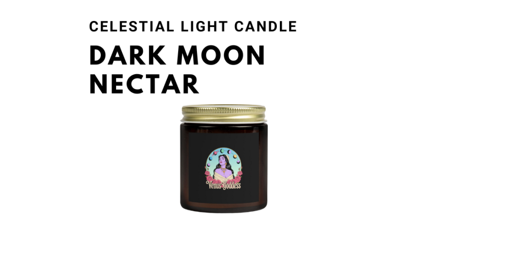 Dark Moon Nectar candle in a dark jar with a mystical, celestial-inspired label