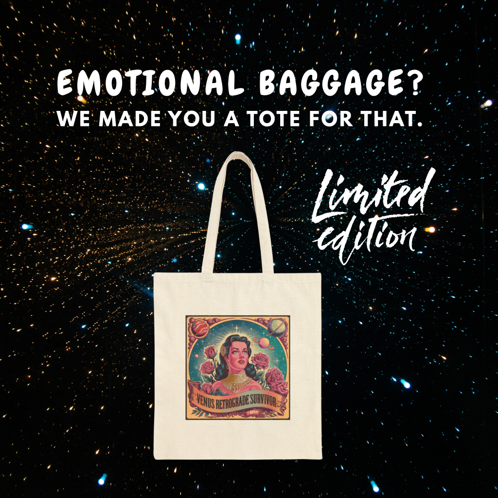 Mars in Scorpio - The True Alpha and Emperor of the Zodiac 1 Canvas tote bag with a vintage-style Venus retrograde design, shown under the headline "Emotional Baggage? We made you a tote for that."